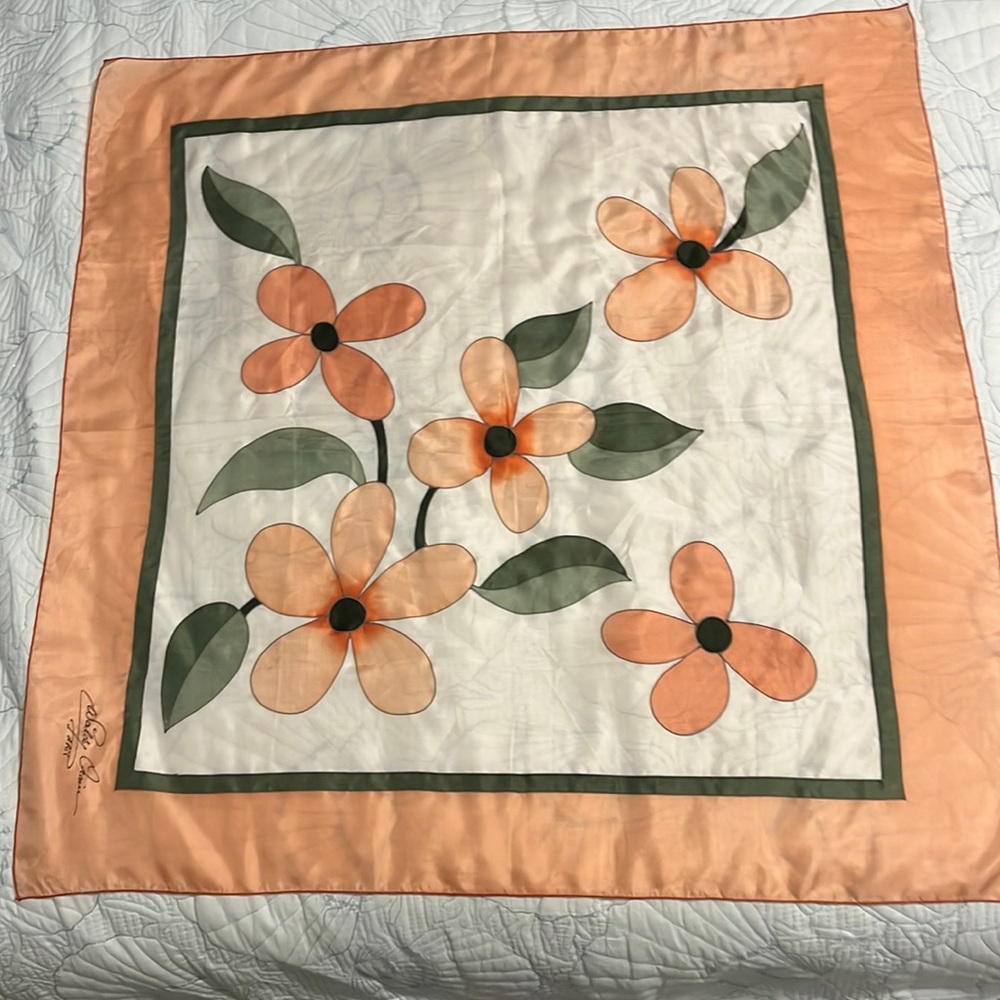 Wally Orain Scarf Believe to be Silk. Peachy 35”X 35” Preowned Vintage